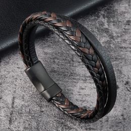 Charm Bracelets Multi Layer Leather Bracelet Men Stainless Steel Maginetic Clasp Bangle Punk Fashion Casual Braided Wristband Male Jewellery
