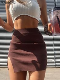 Skirts WannaThis Knitted Women's Tight Side Split Brown Solid High Waist Autumn Fashion Tight Harajuku E-Girl Women's Short Sleeve 230710