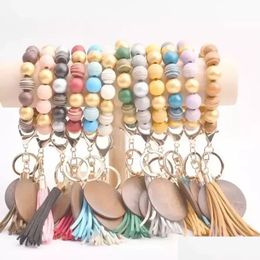 Key Rings Bracelet Keychain Wood Beaded Tassels Party Favour Personalised Disc Oranament Souvenir Wristlet Ring Women Wrist Wht0228 D Dhoki