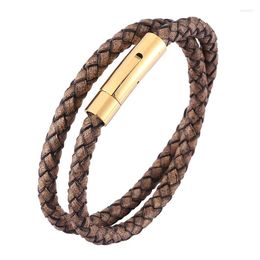 Charm Bracelets Vintage Jewellery For Men Women Brown Genuine Leather Braided Bracelet Punk Fashion Steel Buckle Simple Bangle Gift SP0491