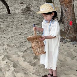 Girl Dresses Vintage Korean Style 2023 Summer Baby Girls Lace Embroidery Cotton Puff Sleeve Toddlers Kids Beige Casual Dress