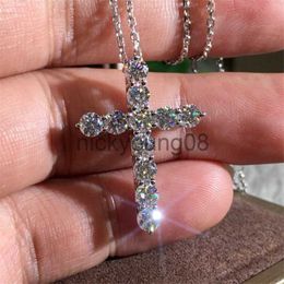 Pendant Necklaces Brand New Luxury Jewelry 925 Sterling Silver Full Round Cut White Topaz CZ Diamond Cross Pendant Party Popular Women Clavicle Necklace Gift x0711 x