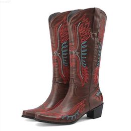 Boots Women's embroidered Cowboy boot Fashion smooth brown retro western boots 2023 new cube toe L230711