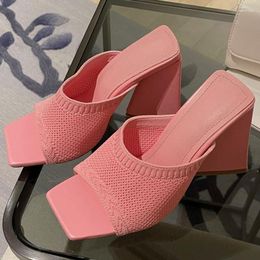 Slippers 2023 Summer Women Chunky 10.8cm High Heels Pink Slip On Orange Square Toe Green Slides Lady Prom Party Shoes Big Size