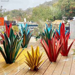 DIY Metal Artificial Tequila Rustic 9 Leaves Agave Plant Sculpture Yard Art Statue Outdoor Tuin Garden Home Yard Decoration L230620