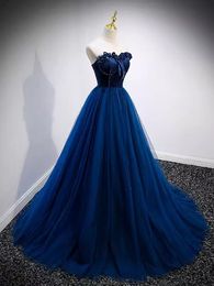 Prom Dress Navy Blue Long Evening Gowns 2023 Sweetheart Lace-Up Back Sweep Train