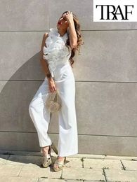 Women's Jumpsuits Rompers TRAF Summer Elegant Women's Solid Ruffled Sexy White Bodysuit Fashion Long Belt Bodysuit 230710