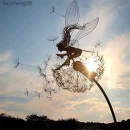 Garden Fairies Metal Art Fairy Garden Statues And Figurines Outdoors Metal Fairy Dandelion Sculpture Lawn Flower Yard Decoration L230620