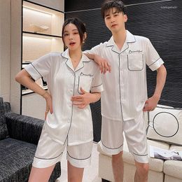 Women's Sleepwear Summer Jacquard Satin Couple Pajamas Men Short Sleeve Shirt Shorts Pyjamas Women Loungewear Homewear