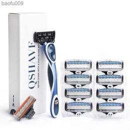 QShave Blue Men Shaving Razor 1 Handle 10 Cartridges(1pc X3 Blade 9pcs X5 Blade) L230520