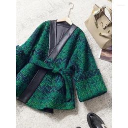 Women's Jackets Wrap Coat Vintage Chaqueta Mujer Winter Jacket Women V Neck Waist Jacquard Knitted Jaquetas Femme PU Leather Green