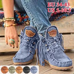 Boots Women Faux Suede Boots Autumn Causal Lace Up Round Toe Female Ankle Boots Vintage Solid Tassel Ladies Cowboy Boots Short Boot 230711