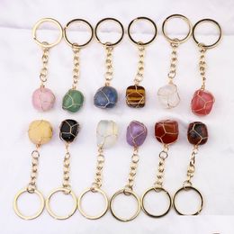 Key Rings Natural Stone Wire Winding Keychain Irregar Amethyst Rose Quartz Crystal Agate On Bag Car Jewellery Party Friends Gift Drop D Dhdgw