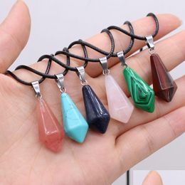 Pendant Necklaces Natural Stone Tiger Eye Turquoise Opal For Women Reiki Heal Crystal Pendum Charms Leather Rope Necklace Drop Deliv Dh38B