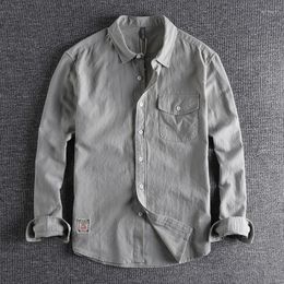 Men's Casual Shirts Versatile Simple Solid Color Work Clothes Male Long Sleeve Shirt Japanese Retro Amekaji Washed Cotton Texture Men