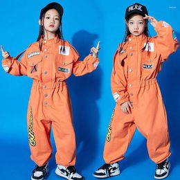 Stage Wear Kids Cool Short Sleeve Hip Hop Clothing Orange Jumpsuit Overalls For Girls Boys Jazz Dance Costume Ballroom Dancing Clothes