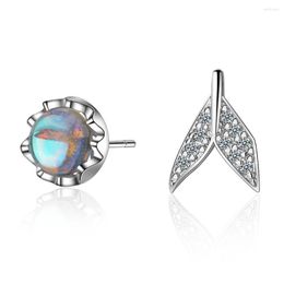 Stud Earrings Mermaid Bubble S925 Silver Blue Crystal Seaweed Cushion Fishtail Earring For Women Jewellery Female