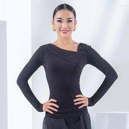 Stage Wear Latin Dance Practice Clothe Women Black Tops Long Sleeves Mesh Ballroom Shirt Female Tango Performance Dancing Costume DNV14517