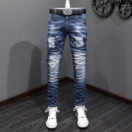 Men's Jeans Streetwear Fashion Vintage Men Retro Blue Stretch Elastic Slim Fit Ripped Painted Designer Hip Hop Pants Hombre