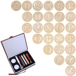 Stamps 26 English Alphabets Metal Seal Stamp Initial Letter Vintage A-Z Alphabet Letter Wax Badge Seal Stamp Wax Kit Set With Box 230710