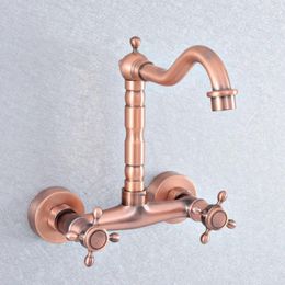 Bathroom Sink Faucets Basin Antique Red Copper Kitchen Faucet Swivel Wall Mounted Dual Handle Cold Mixer Taps Nsf861