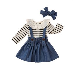 Clothing Sets 3Pcs Born Baby Girls Outfits Long Sleeve Striped Jumpsuit Bow Headband Denim Skirt Fashion Casual Spring Clothes Set 0-24M