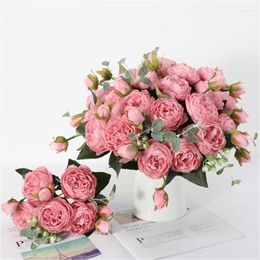 Decorative Flowers 30cm Rose Pink Silk Peony Artificial Bouquet 5 Big Head 4 Bud Fake For Home Wedding Decoration Bridal