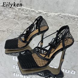 Dress Shoes Eilyken Sexy Hollow Out Mesh Women Pumps Lace-Up Sandals Female Square Toe High Heel Summer Fashion Ankle Strap Pole Dance Shoes 230711
