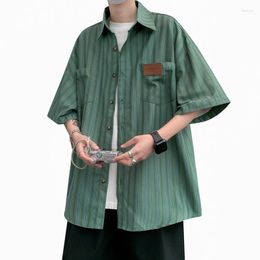 Men's Casual Shirts Shirt Men 2023 Summer Ice Silk Vertical Stripe Spring Short Sleeve Lapel Blouse Top Loose Clothing Camisas