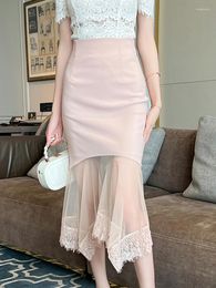 Skirts 2023 Elegant Style Sweet Pink Skirt For Women Chic Sheer See Through Mesh High Waist Irregular Fishtail Lady Party Holiday