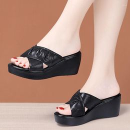 Slippers 6cm Small Size 32-43 Med Heels Genuine Leather Shoes Summer Wedges 2023 Womens Platform Slides For Office Mom Beach