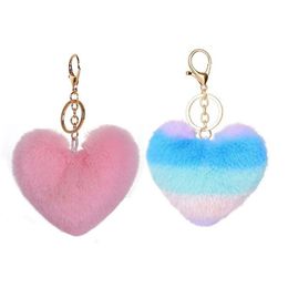 Key Rings Lovely Heart Keychains Womens Pom Poms Faux Rex Rabbit Fur Ball Chains Girl Bag Hang Car Ring Pendant Drop Delivery Jewellery Dhozr