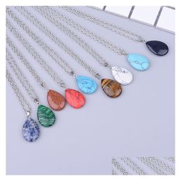 Pendant Necklaces Fashion Women Natural Stone Water Drop Shape Turquoise Opal Druzy Drusy Necklace With 50Cm Stainless Steel Chain D Dh1Rj