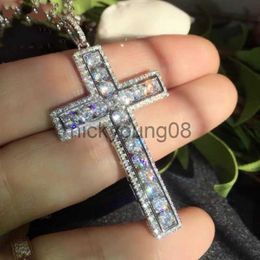 Pendant Necklaces New Arrival Hot Sale Handmade Fashion Jewellery 925 Sterling Silver Cross Pendant White Topaz CZ Diamond Popular Women Men Necklace With Chain x0711