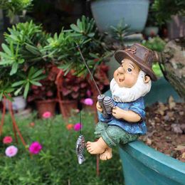 Garden Ornament Outdoor - Fishing Gnome Statue Resin Figurine Dwarf Sculpture for Pond Lawn Yard Decorations L230620