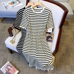 Party Dresses Casual Striped Knitted Dress Women White Summer Fashion 2023 O Neck Short Sleeve Loose Versatile Black Tassel Long