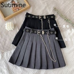 Women s Jumpsuits Rompers Gothic Skirts with Belt hanging Women Pleated Mini Chain Skirt Shorts Black Sou South Korean Cool Girls Harajuku y2k 230711