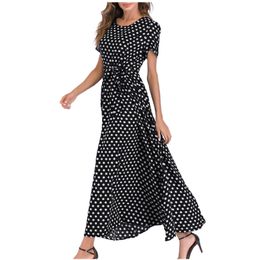 Swimwear New in Summer Dresses for Women Elegant Oneck Short Sleeve Beach Polka Dot Bandage Long Maxi Dress Vestidos De Verano Mujer