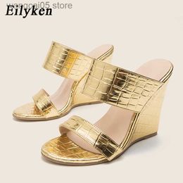 Slippers Eilyken Golden Wedge Women Slippers New Summer Fashion Open Toe Sandals Ladies Thick High Heels Party Shoes Zapatos De Mujer T230711