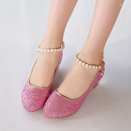 Flat Shoes 4-13 Years Children Fashion Crystal Beaded Teenage Girls Leather With Heels Costume Princess Dance Party Wedding Kids Shoe