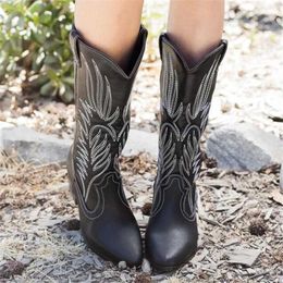 Boots Western Cowboy Womans Boots for Women Pointy Toe Cowgirl Boots Square Heels Knee High Boots Retro Women Shoes Black Botas Mujer L230711