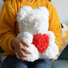 Dried Flowers 35cm Rose Bear Heart Artificial Red For Women Valentines Wedding Birthday Christmas Gift Home Decoration 230711