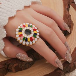 Bohemia Vintage Colourful Flowers Women Ring Jewellery Accessories Ethnic Big Gold Colour Adjustable Ring Party Jewellery Bijoux