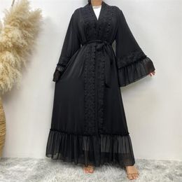 Ethnic Clothing Arab Black Embroidery Robe Kimono Sleeve Open Abaya Muslim Cardigan Dress Ramadan Gown For Women Middle East