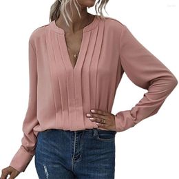 Women's Blouses Women Blouse Elegant Solid Colour Pleated Shirts Chiffon Long Sleeve V-neck Fashion Office Lady Pullover Top