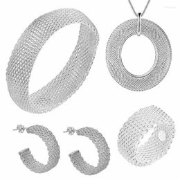 Necklace Earrings Set Luxury 925 Stamped Silver Woven Mesh Pendant Bangle Rings Jewelry For Women Fashion Designer Gift