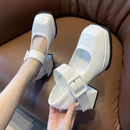 Black White Platform Mary Jane Shoes for Women Heels Retro Square Toe Buckle Women Pumps 2023 New Super High Heels Dress Shoes