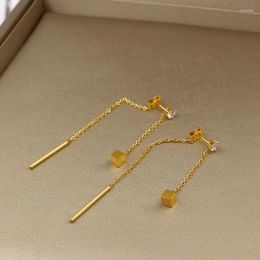 Dangle Earrings 2023 Fashion Long Section Tassel Single Drill Hanging Box Round Rod Drop For Woman Stainless Steel Gold Color