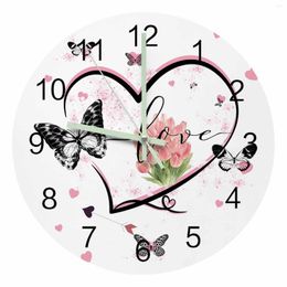 Wall Clocks Love Butterfly Flowers Tulip Watercolor Luminous Pointer Clock Home Ornaments Round Silent Living Room Decor