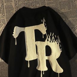 Mens TShirts American retro flame letter cotton short sleeved Tshirt men loose ins top trendy half clothing oversized t shirt 230710